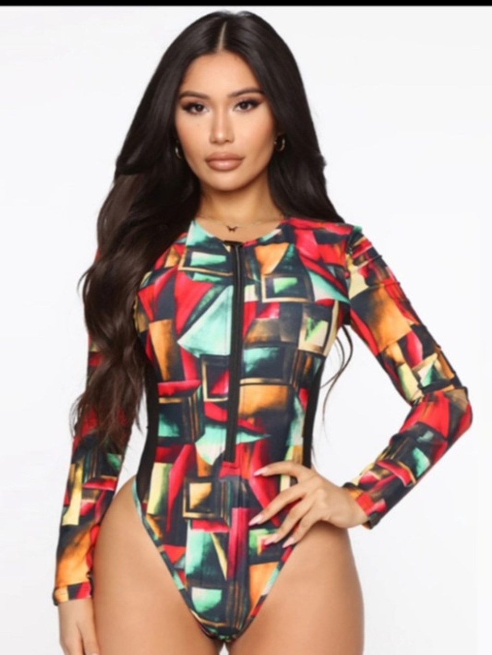 Long-Sleeve Zip Front One-Piece Swimsuit - Multicolor Abstract